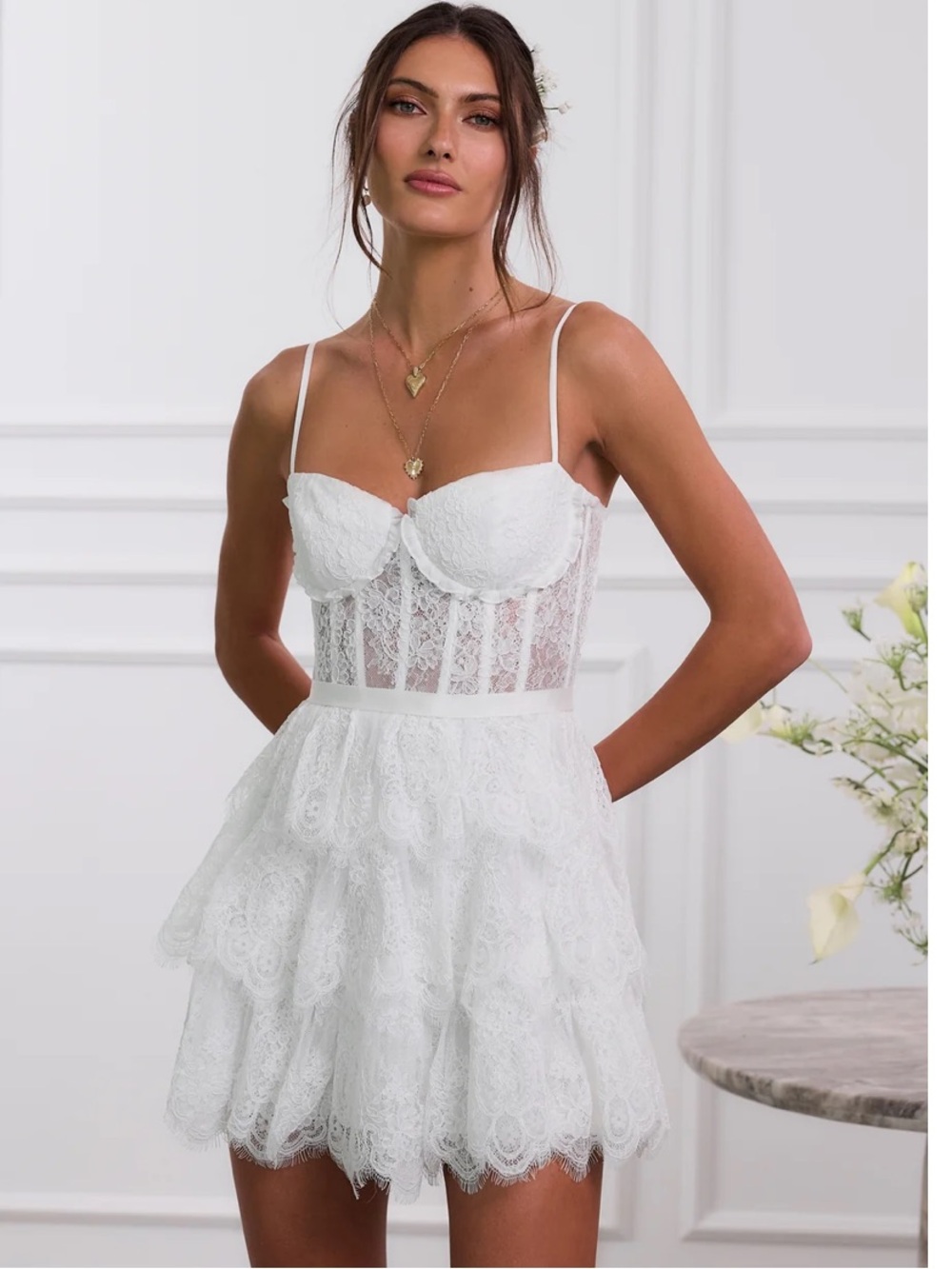 V. Chapman White Lace Mini Dress with Tiered Skirt